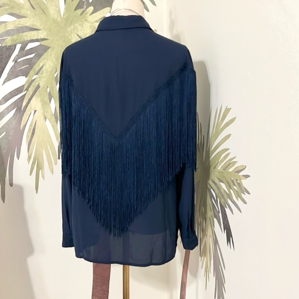 Verdusa,Coastal Cowgirl,Navy Fringe Weatern Wear Button-Up Blouse, EUC, Size Med - Picture 9 of 12